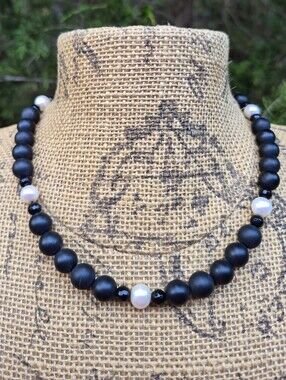 Matte Black Onyx Freshwater Pearl Beads Beaded Necklace pJs 925 Sterling 17.75"